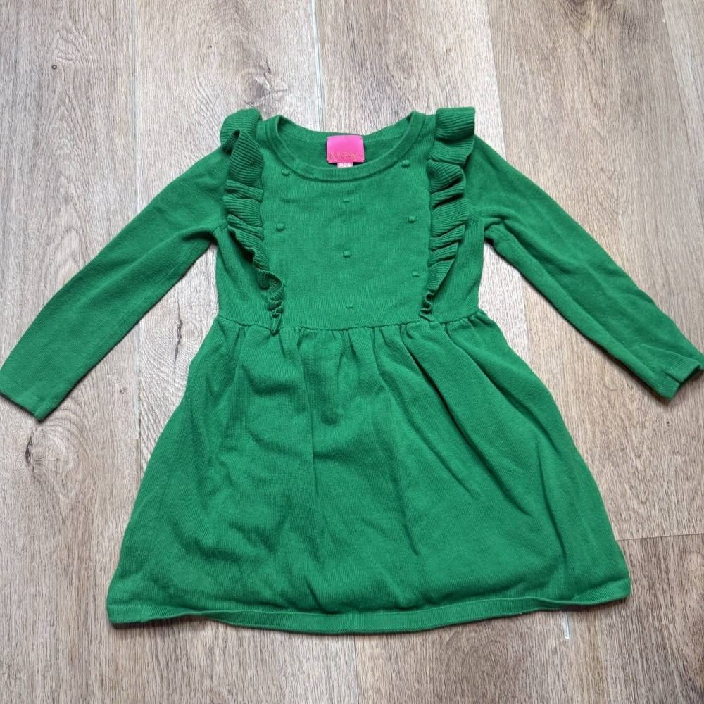 Lilly Pulitzer Green Sweater Dress Size 2-3T Long Sleeve Pom Pom 100% Cotton
